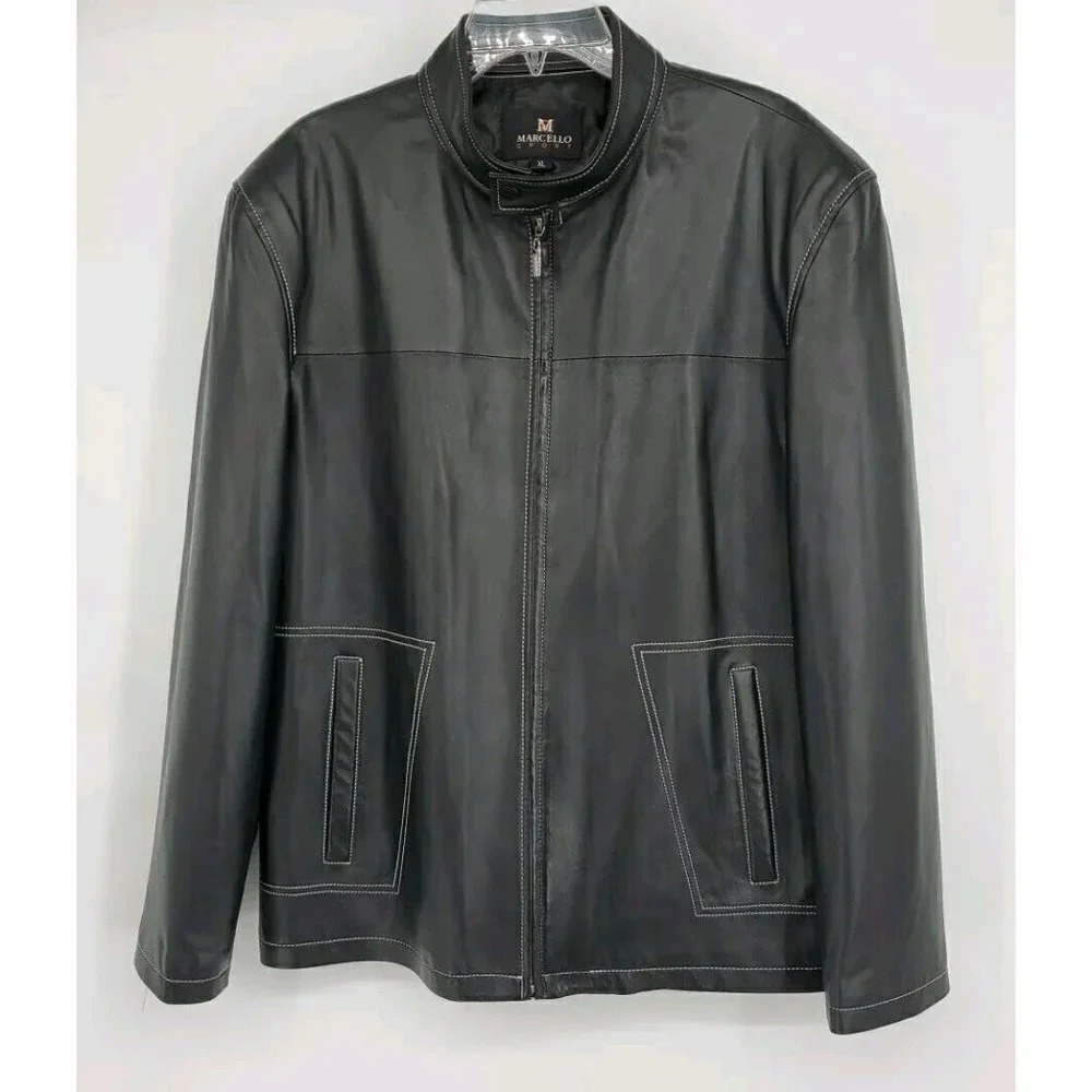 MARCELLO SPORT Mens XLarge Black Lined Leather Coat Zip SUPER SOFT LEATHER